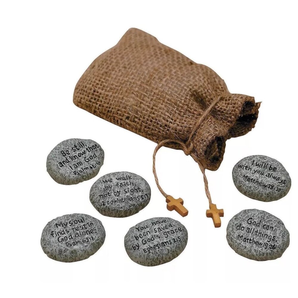 Stones of Faith ~ 6 Hand Painted Inspirational Resin Stones in a Burlap Bag